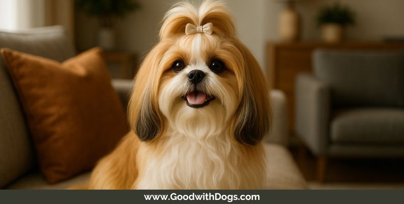 Portrait d'un Shih Tzu adorable avec pelage long et bien toiletté, assis confortablement sur un canapé - Guide complet avant adoption